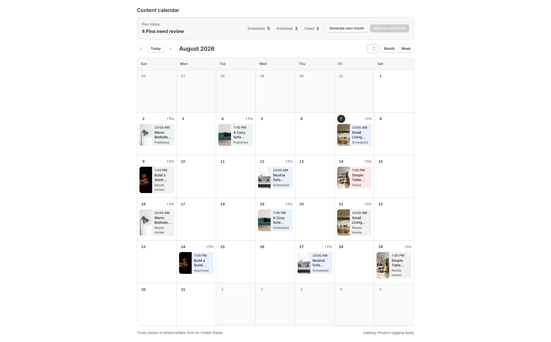 Taleni monthly Pinterest content calendar with home décor Pins ready for review and scheduling
